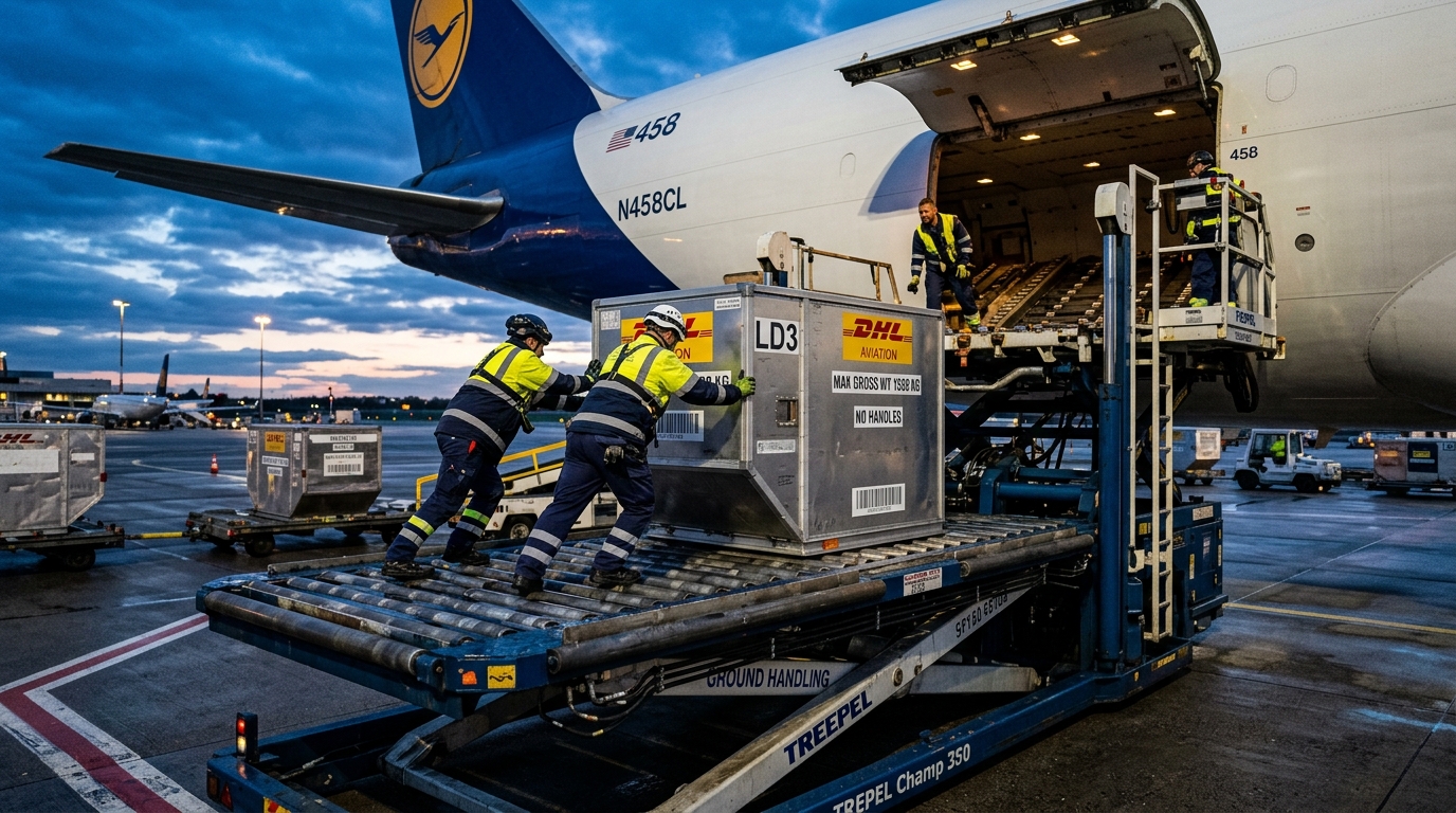Aviation cargo infrastructure consultant working in modern airport executive suite