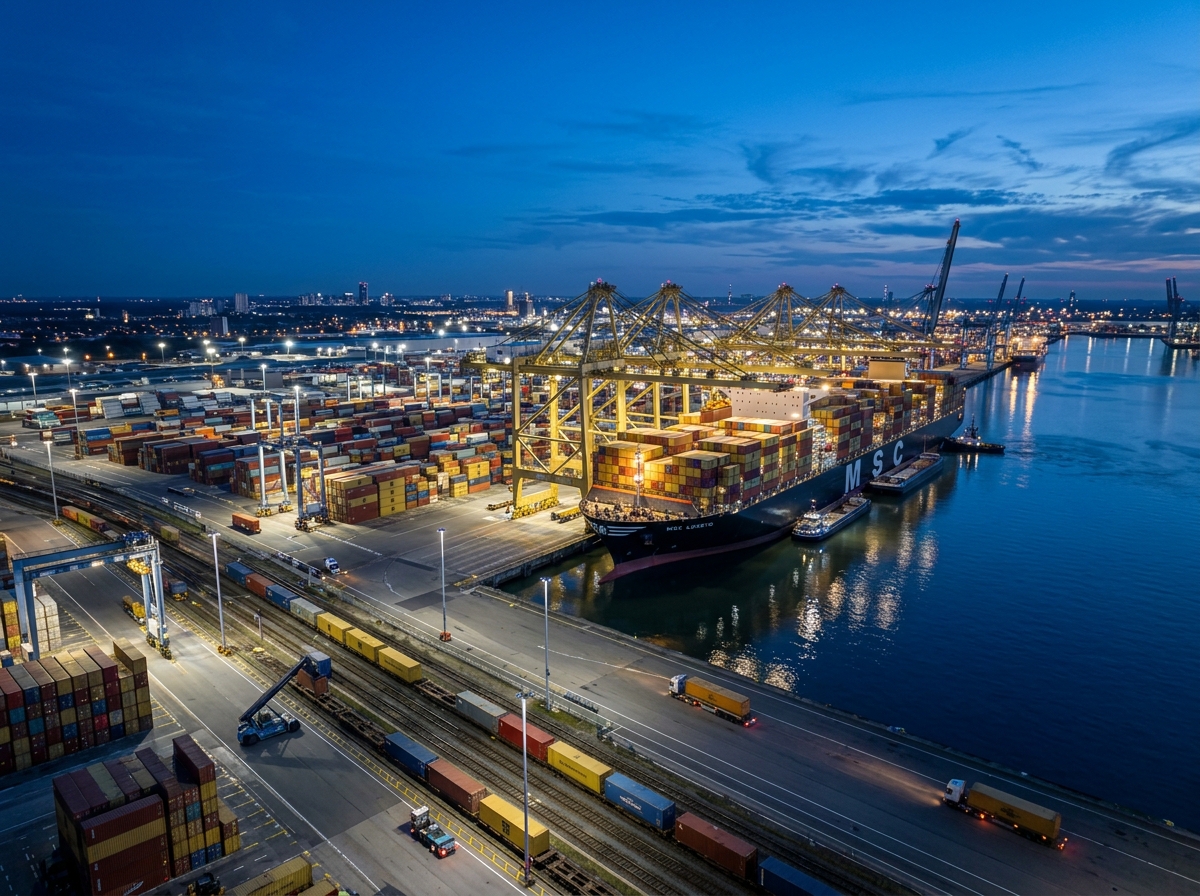 International multimodal container port and logistics terminal at dusk